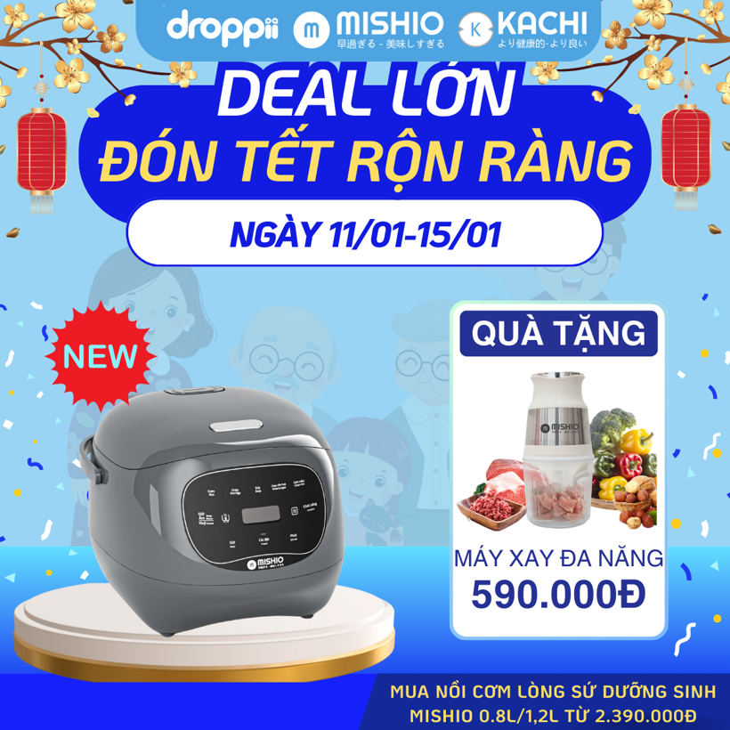 Nồi Cơm Điện Lòng Sứ Dưỡng Sinh nguyên chất không chứa chất chống dính Mishio MK365 0.8L